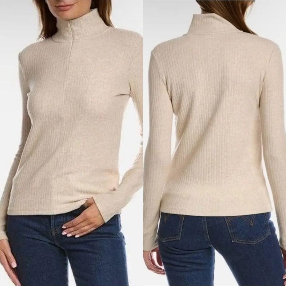 Vince Womens Oatmeal Heather Ribbed‎ Knit Quarter Zip Funnel Neck Top Size M